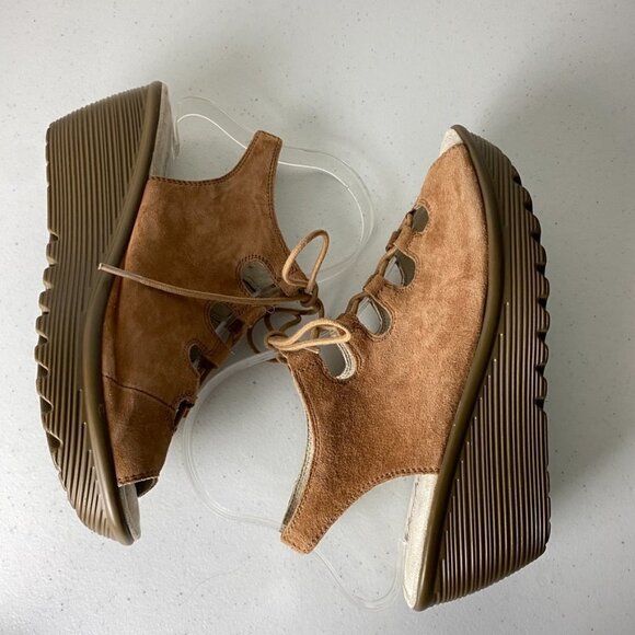 Skechers Parallel Ghillie Up Peep Toe Slingback Wedge Faux Suede Womens 7.5 Tan - Picture 4 of 9